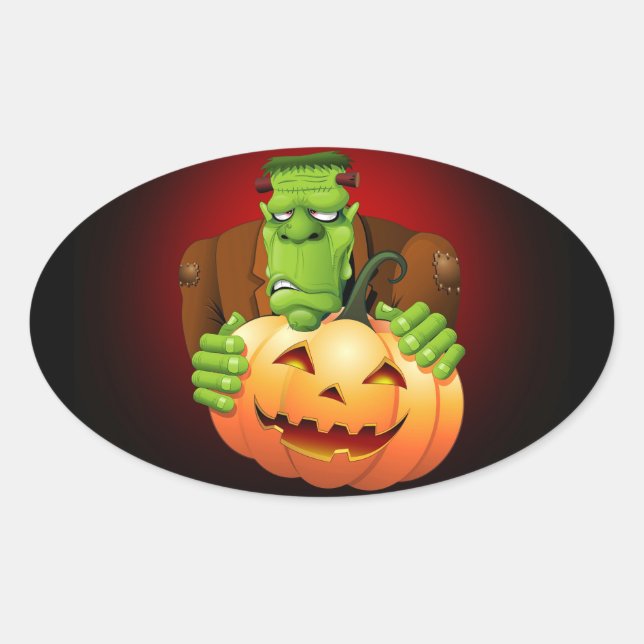 Frankenstein Monster Cartoon with Pumpkin Oval Sticker (Front)