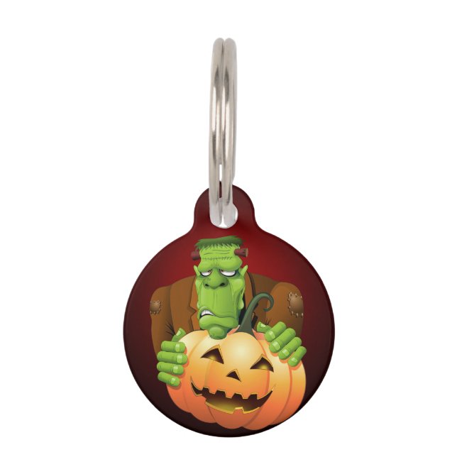 Frankenstein Monster Cartoon with Pumpkin Pet Tag (Front)