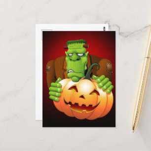 Frankenstein Monster Cartoon with Pumpkin Postcard