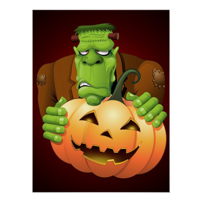 Frankenstein Monster Cartoon with Pumpkin Poster (Front)