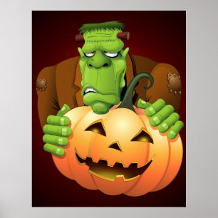 Frankenstein Monster Cartoon with Pumpkin Poster