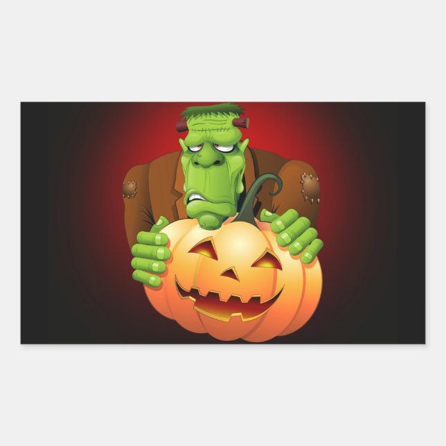 Frankenstein Monster Cartoon with Pumpkin Rectangular Sticker (Front)