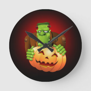 Frankenstein Monster Cartoon with Pumpkin Round Clock