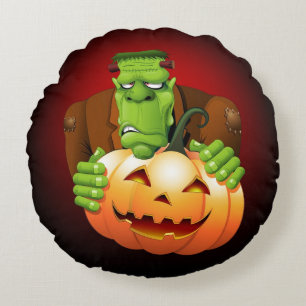 Frankenstein Monster Cartoon with Pumpkin Round Cushion