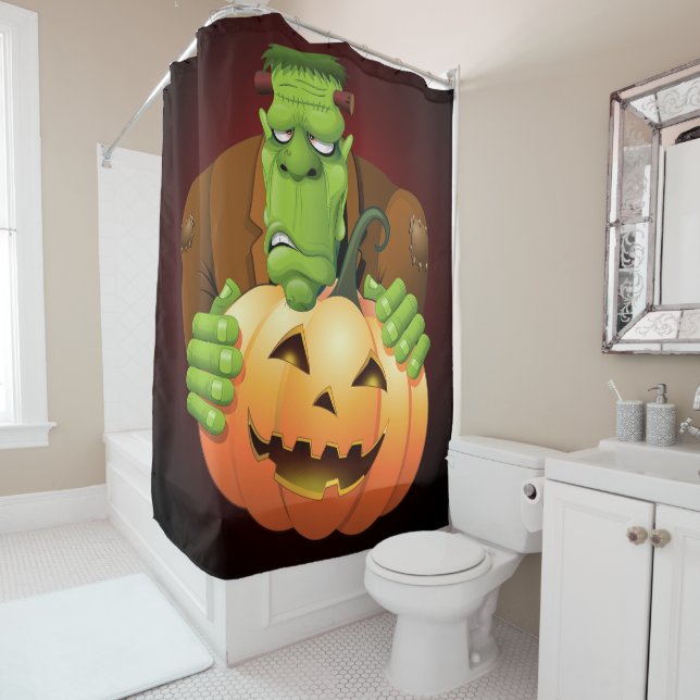 Frankenstein Monster Cartoon with Pumpkin Shower Curtain (In Situ)