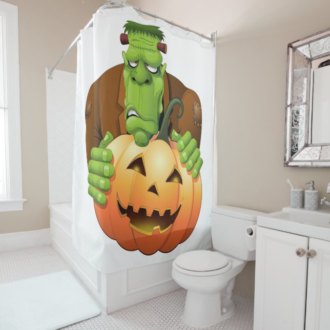 Frankenstein Monster Cartoon with Pumpkin Shower Curtain (In Situ)