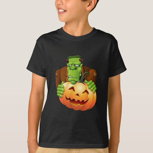 Frankenstein Monster Cartoon with Pumpkin T-Shirt (Front)
