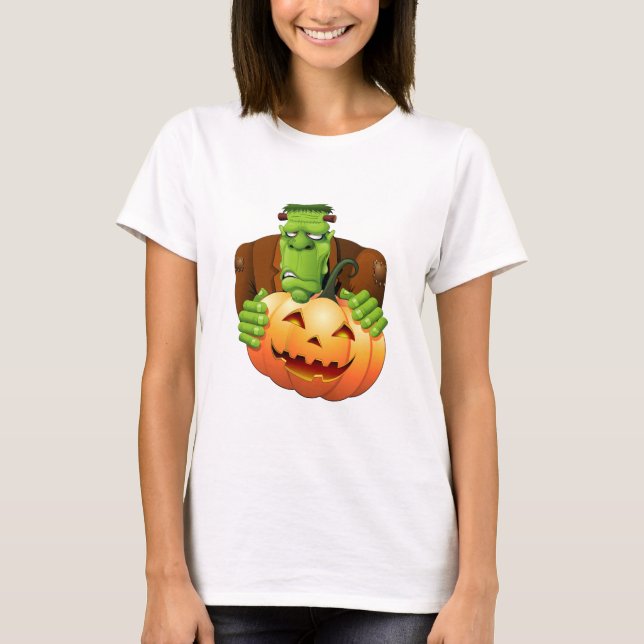 Frankenstein Monster Cartoon with Pumpkin T-Shirt (Front)