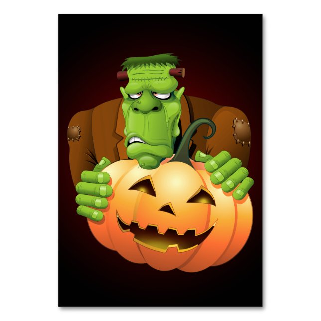 Frankenstein Monster Cartoon with Pumpkin Table Number (Front)