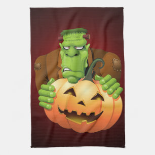 Frankenstein Monster Cartoon with Pumpkin Tea Towel