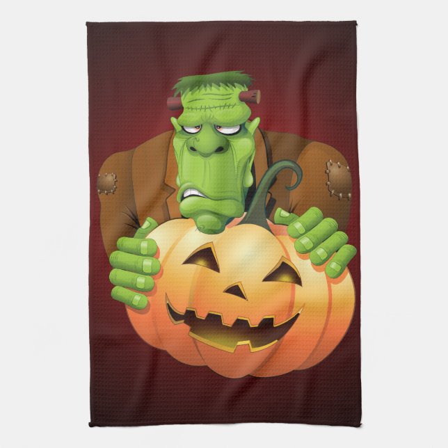 Frankenstein Monster Cartoon with Pumpkin Tea Towel (Vertical)
