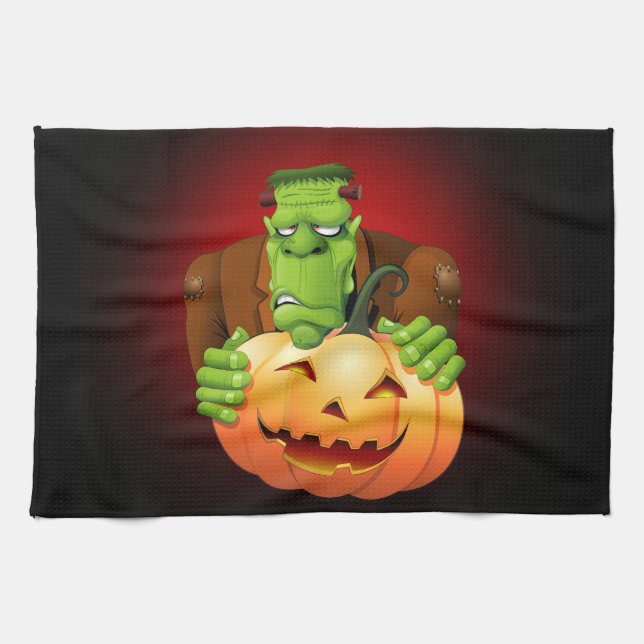 Frankenstein Monster Cartoon with Pumpkin Tea Towel (Horizontal)