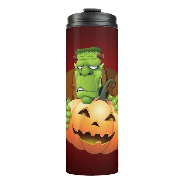 Frankenstein Monster Cartoon with Pumpkin Thermal Tumbler (Front)