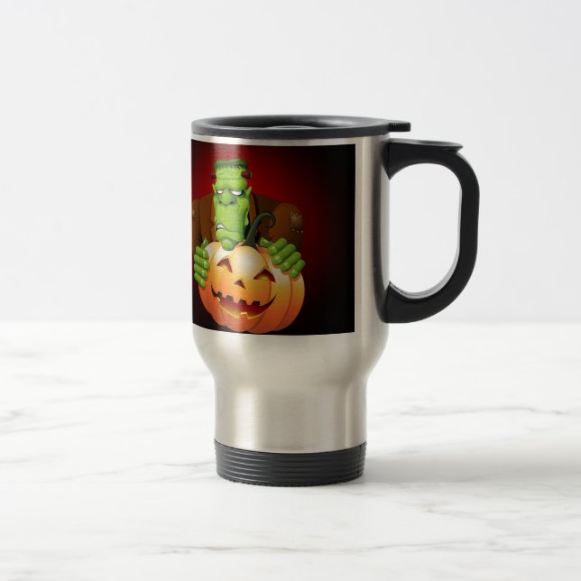 Frankenstein Monster Cartoon with Pumpkin Travel Mug (Right)