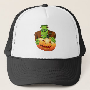 Frankenstein Monster Cartoon with Pumpkin Trucker Hat
