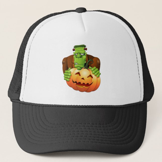 Frankenstein Monster Cartoon with Pumpkin Trucker Hat (Front)