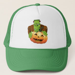 Frankenstein Monster Cartoon with Pumpkin Trucker Hat
