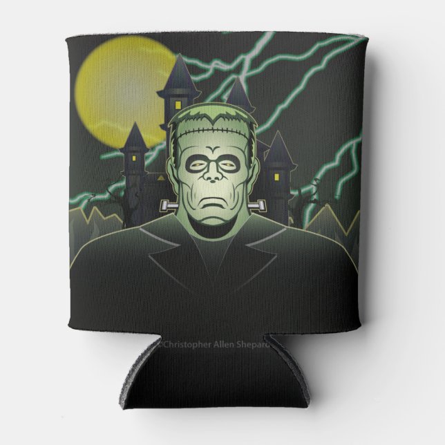 Frankenstein Monster Halloween Castle Lightning Can Cooler (Front)