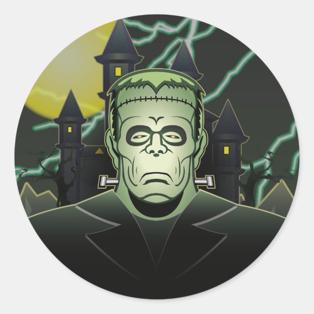 Frankenstein Monster Halloween Castle Lightning Classic Round Sticker (Front)