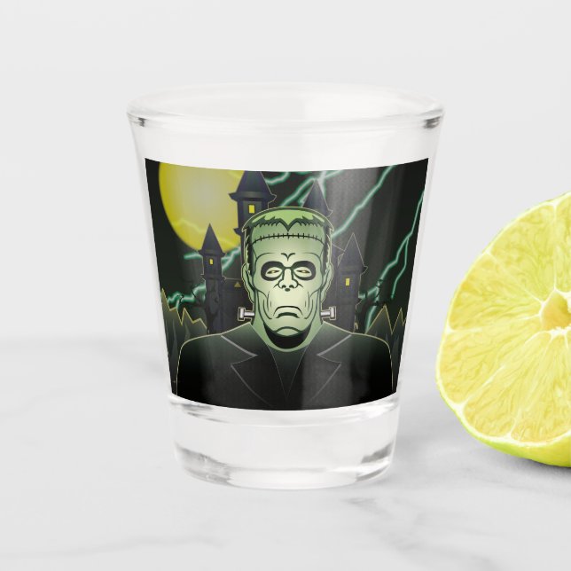 Frankenstein Monster Halloween Castle Lightning Shot Glass (Front)