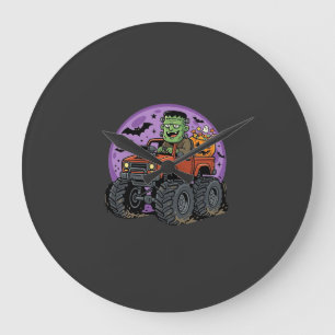 Frankenstein Monster Truck Halloween Graphic Desig Large Clock