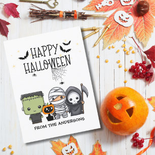 Frankenstein Mummy Grim Reaper Cute Cat Halloween Postcard