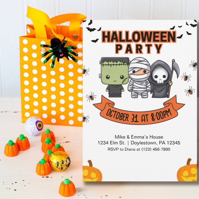 Frankenstein Mummy Grim Reaper Cute Halloween Invitation (Creator Uploaded)