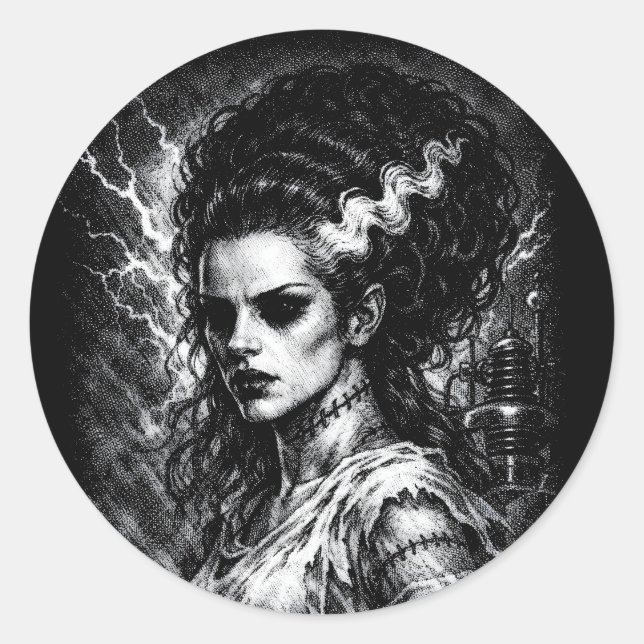Frankenstein’s Bride — Resurrected by BurnsInHell Classic Round Sticker (Front)