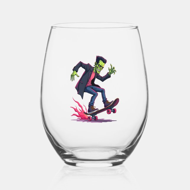 Frankenstein Skater � Cool Halloween Streetwear Sh Stemless Wine Glass (Front)