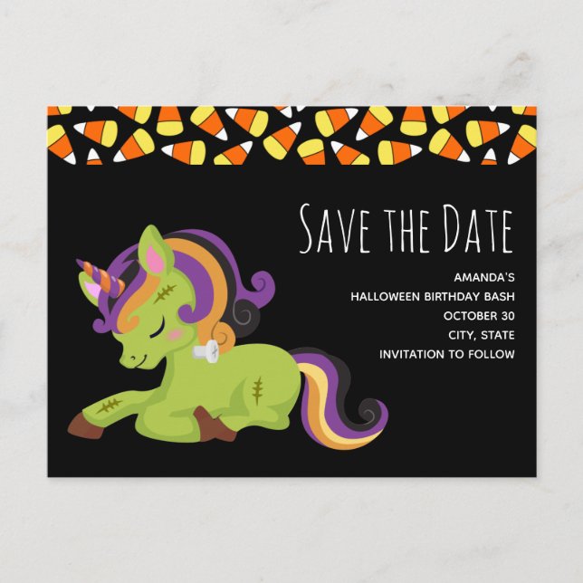 Frankenstein Unicorn Birthday Save the Date Invitation Postcard (Front)