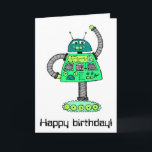 Frankie robot, green on white card<br><div class="desc">Frankie is just that sort of robot,  scooting around on a funky caterpillar track and waving hello at friends.</div>