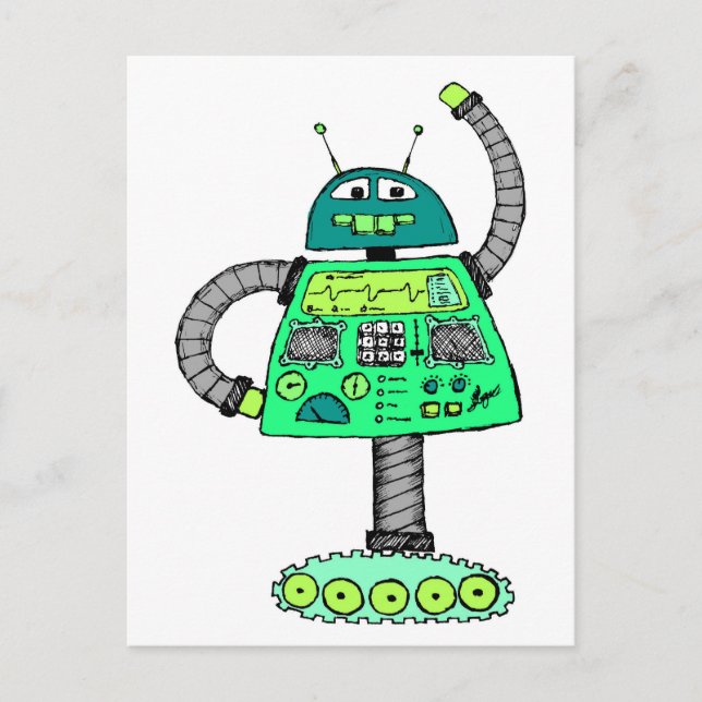 Frankie robot, green on white postcard (Front)