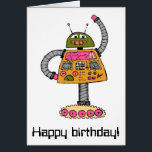 Frankie robot, orange on white<br><div class="desc">Frankie is just that sort of robot,  scooting around on a funky caterpillar track and waving hello at friends.</div>