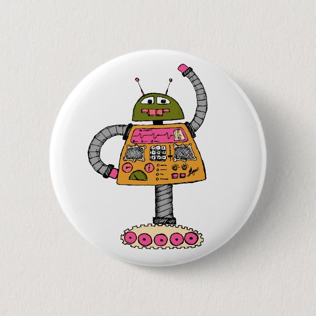 Frankie robot, orange on white 6 cm round badge (Front)