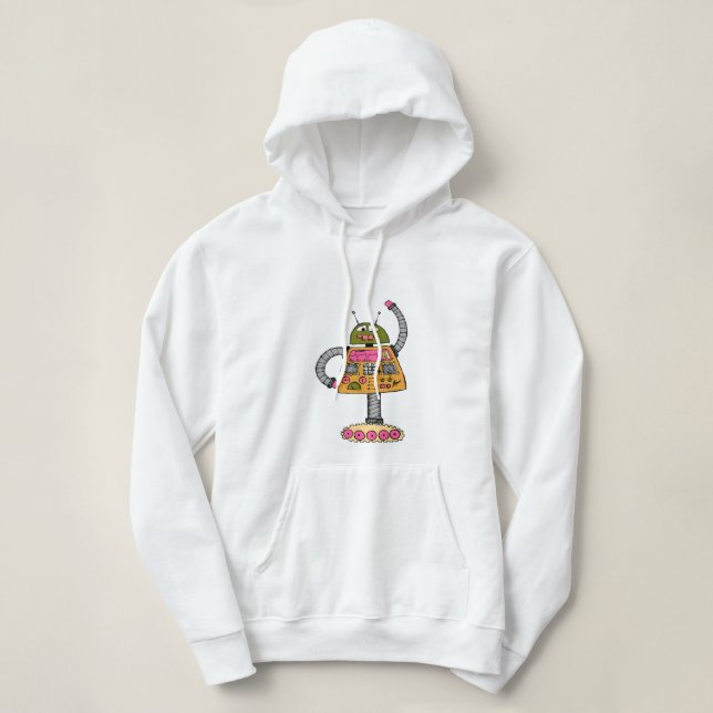 Frankie robot, orange on white hoodie (Design Front)