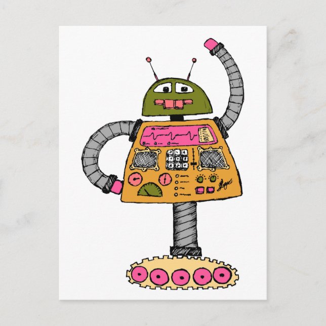 Frankie robot, orange on white postcard (Front)