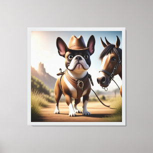Französische Bulldogge Cowboy mit Pferd Canvas Print