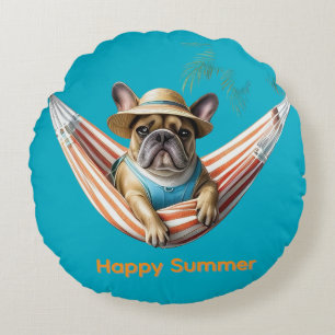 französische Bulldogge Happy Summer auf Hängematte Round Cushion