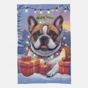 Französische Bulldogge Lichterkette Weihnachten Tea Towel
