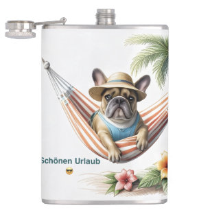 französische Bulldogge mit Palmen auf Hängematte Hip Flask