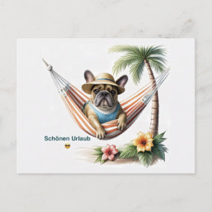 französische Bulldogge mit Palmen auf Hängematte Invitation Postcard