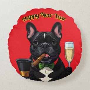 Französische Bulldogge mit Zigarre Neujahr Round Cushion