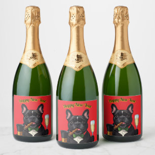Französische Bulldogge mit Zigarre Neujahr Sparkling Wine Label