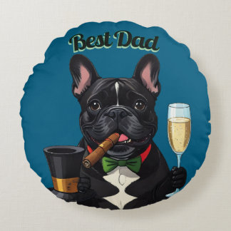 Französische Bulldogge mit Zigarre Vatertag Round Cushion
