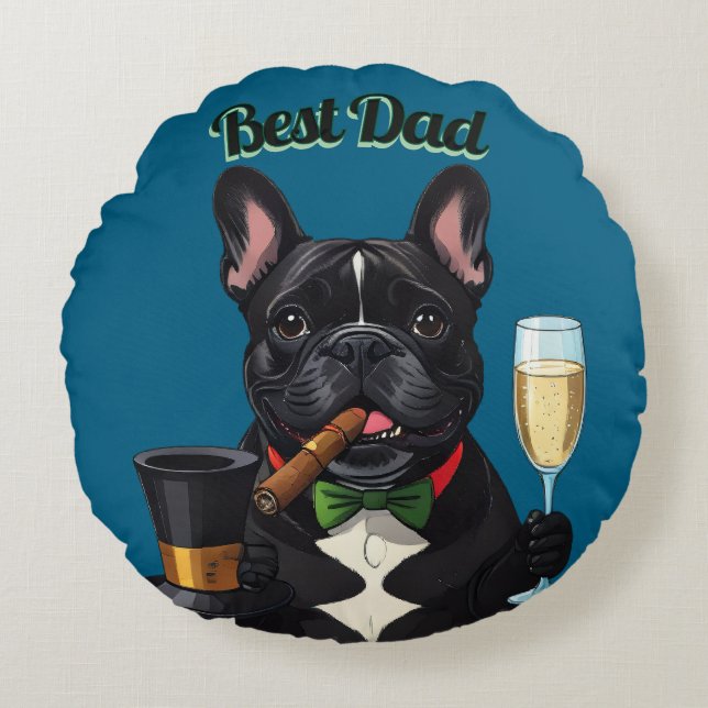 Französische Bulldogge mit Zigarre Vatertag Round Cushion (Front)