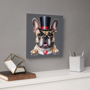 französische Bulldogge mit Zylinder und Herz Square Wall Clock