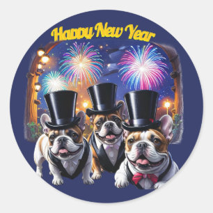 Französische Bulldogge Neujahr Feier Classic Round Sticker
