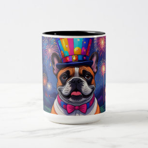 Französische Bulldogge Neujahr Feier Two-Tone Coffee Mug