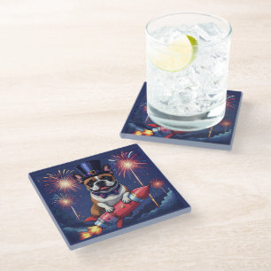 Französische Bulldogge Neujahr lustig Rakete Glass Coaster