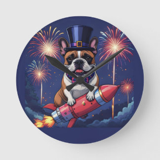 Französische Bulldogge Neujahr lustig  Rakete Round Clock
